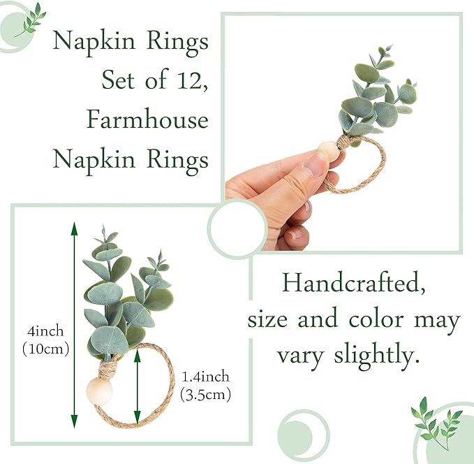 Defined Deco Napkin Rings Set of 12, Rustic Farmhouse, Boho Green Leaf Napkin - Image 2