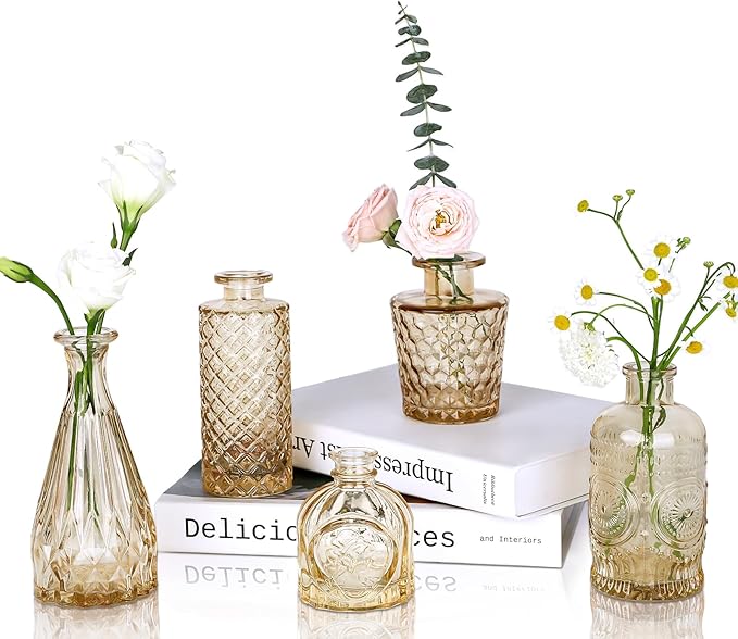 Amber Glass Bud Vases Set of 5, Small Clear Vases in Bulk by UPBUD