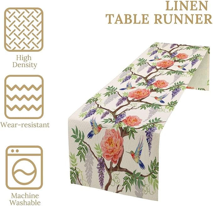 Vintage Bird Flower Table Runner Seasonal Spring Purple Wisteria Garden Plants - Image 4
