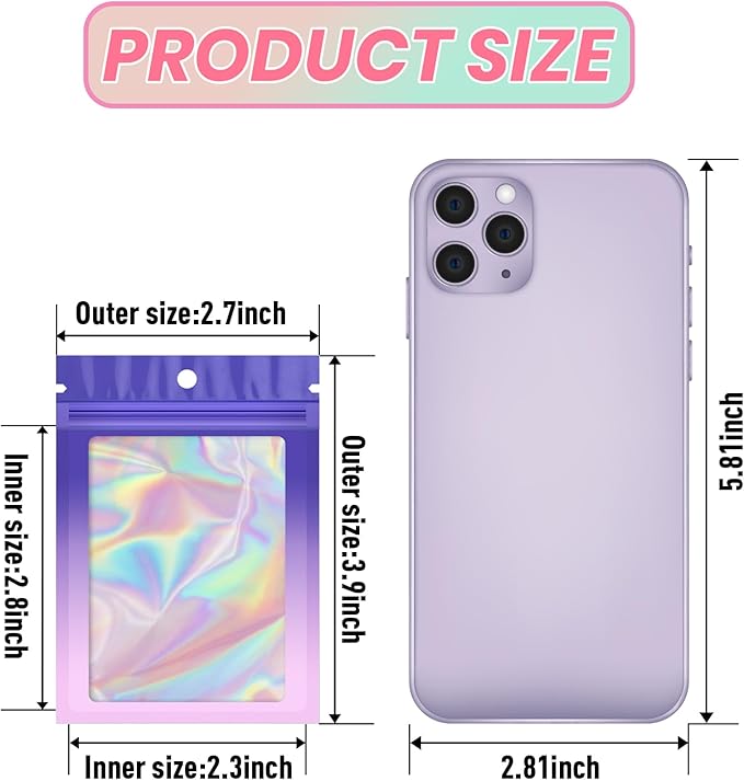 Funfery 100 Pack Gradient Holographic Bags, Mylar Resealable Bag - Image 2
