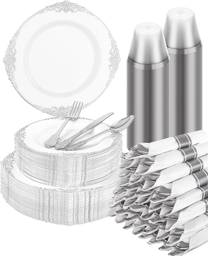 Goodluck 350 Piece Silver Plastic Dinnerware Set by GoodLuck
