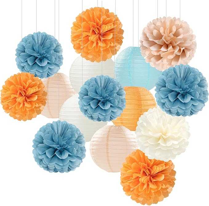 Dusty-Blue Orange Party-Decorations Paper-Flowers Lanterns by Panduola