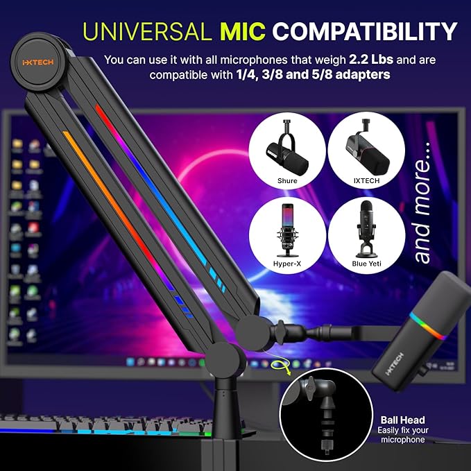 IXTECH RGB Mic Boom Arm High Profile, Overhead Boom Arm Microphone Stand Desk - Image 3
