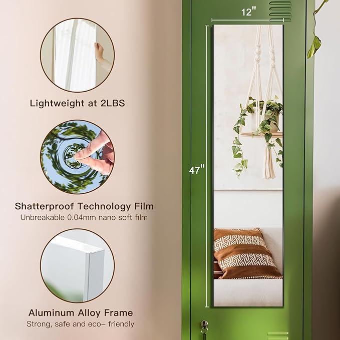 47"x12" Magnetic Mirror Lightweight Full-Length Mirror | Strong Adhesion - Image 2