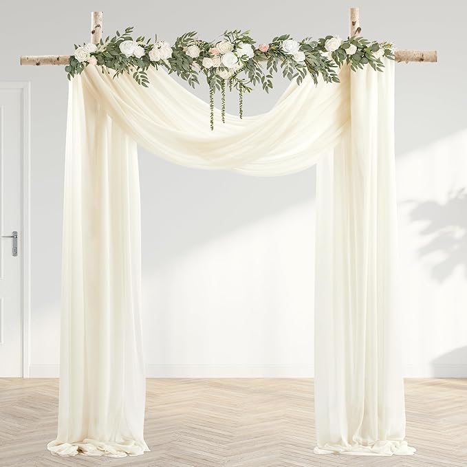 30" x 20Ft Wedding Arch Draping Fabric, 3 Panels Ivory Sheer Curtain Drapes by PartyTalk