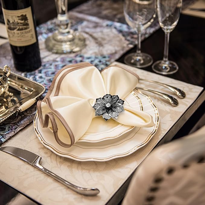 KPOSIYA Flower Napkin Rings Holder Metal Black Napkin Rings Set of 6 - Image 2