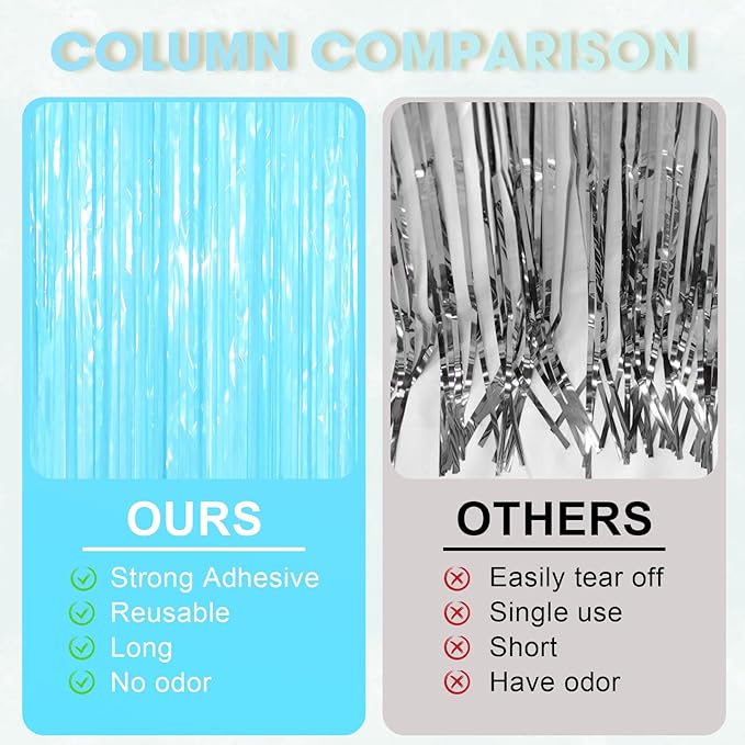 2 Pack Pastel Blue Tinsel Foil Fringe Curtains, Metallic Tinsel Party Streamers - Image 5