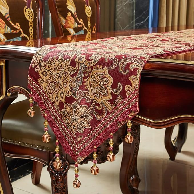 Luxury Vintage Table Runners 108 inches Long Embroidery Jacquard Fabric by LUFEIJIASHI