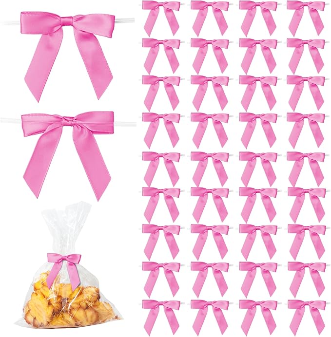 50Pcs Rose Red Twist Tie Bows for Gift Wrapping 2.5" Satin Ribbon Bow for Treat by TULOBI