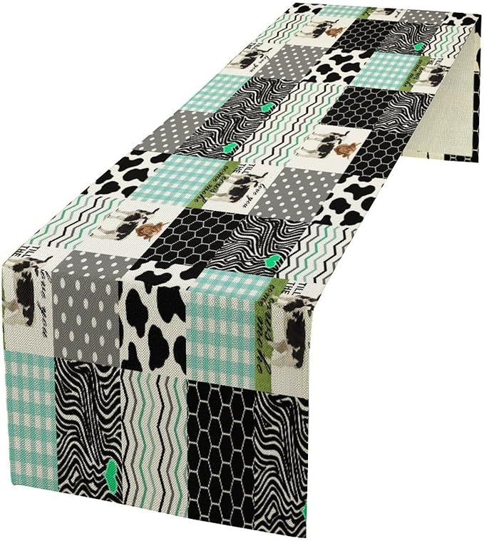 Cute Cow Print Table Runner, Farm Animals Honeycomb Plaid Stripes Cowhide by Kurtect