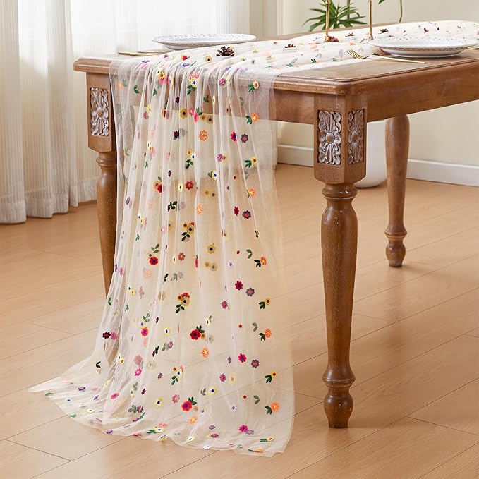 JIALE Champagne Floral Table Runner, Embroidery Daisy Seasonal Table Decorations - Image 5