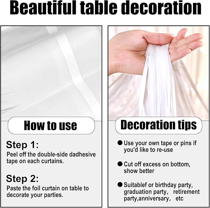 3 Pack 29 x108 Inch Macaron White Foil Fringe Table Skirts Metallic Banner - Image 3