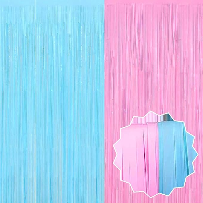 6 Pack Macaron Pink Blue Foil Fringe Curtains Backdrop, 3.28 x 8.2 Ft Metallic by LANTIANCHEN