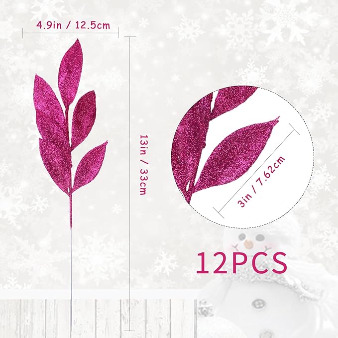 GREENTIME 12 Pack Artificial Rose Red Glitter Leaves 13" Fake Christmas Picks - Image 3