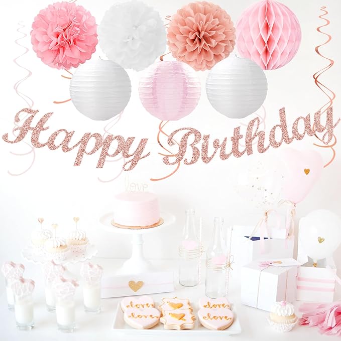 Pink White Rose-Gold Birthday Party-Decorations - Image 4