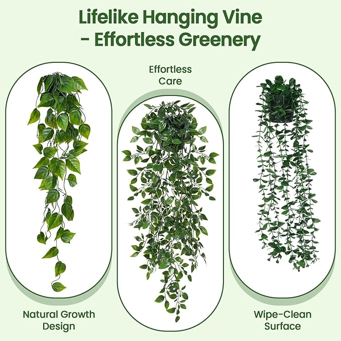 3 Pack Small Fake Hanging Plants, Artificial Eucalyptus, Pothos & Mandala Vines - Image 3