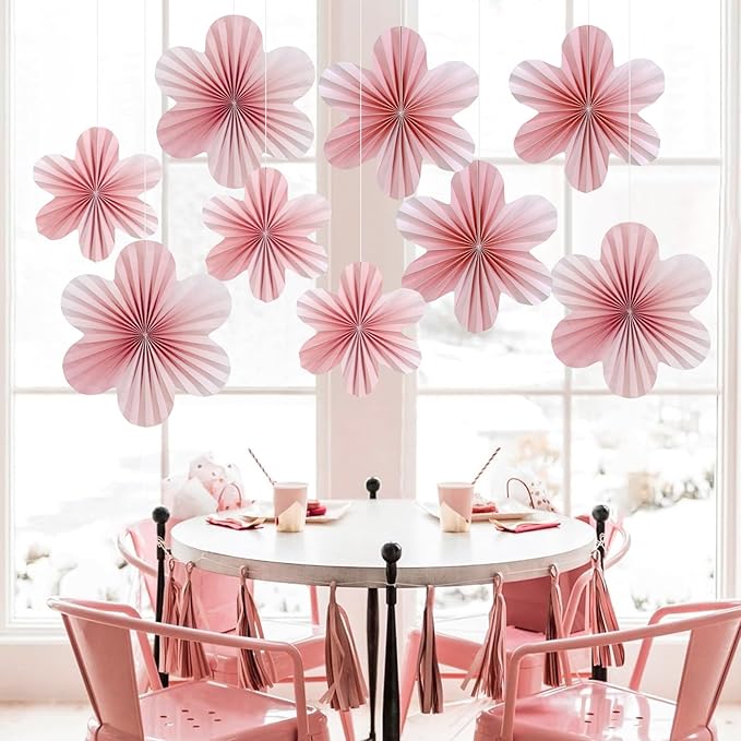 SUNBEAUTY 9 PCS Pink and Cherry Blossom Party Decorations Pink Paper Fans Decor - Image 6