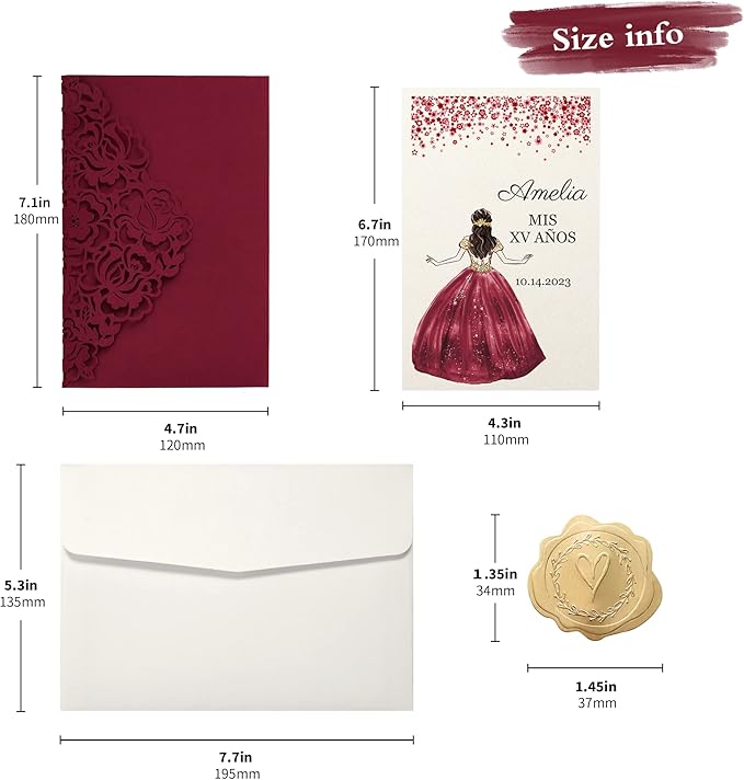DORIS HOME 50pcs Laser Cut Quinceanera Invitations Burgundy, 4.7x7.1 - Image 3