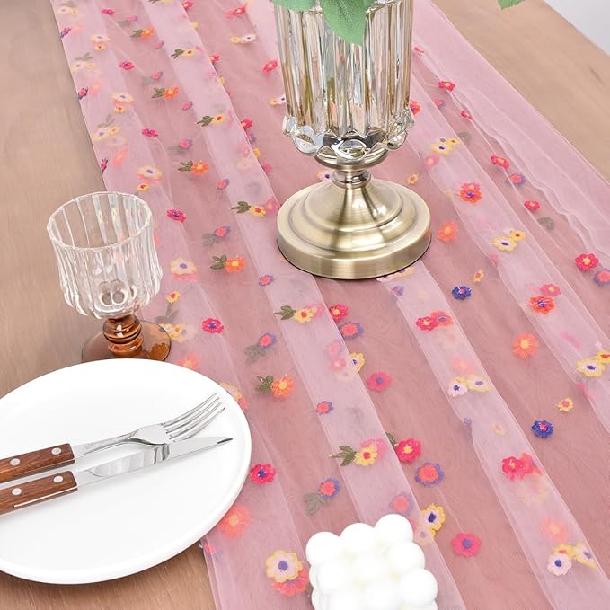 Joanlody 3pcs Blushing Pink Embroidery Daisy Fall Thanksgiving Table Runner - Image 4