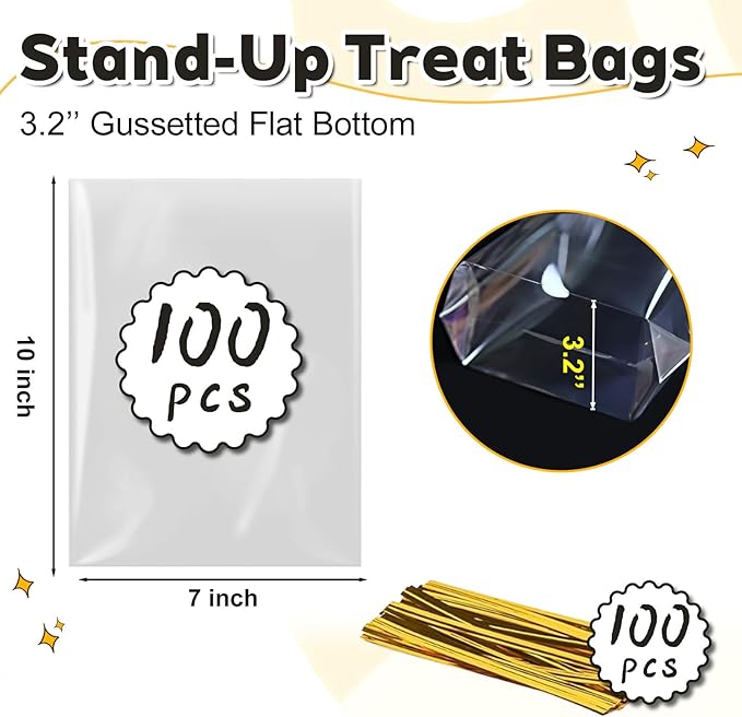 PigPotParty Cellophane Treat Bags 7"x10", 100 Pack Clear Goodie Bags, 3.2" - Image 2