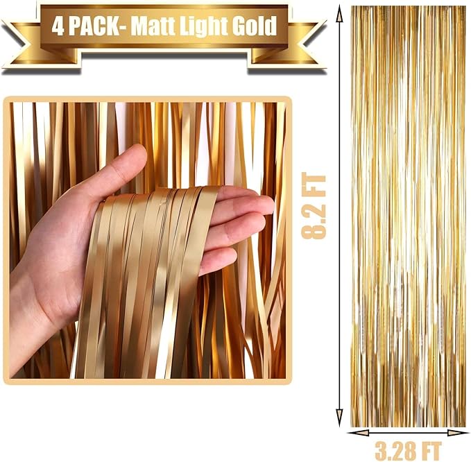 4 Pack Champagne Gold Foil Fringe Curtain Backdrop, 3.28Ft x 8.2Ft Metallic - Image 2