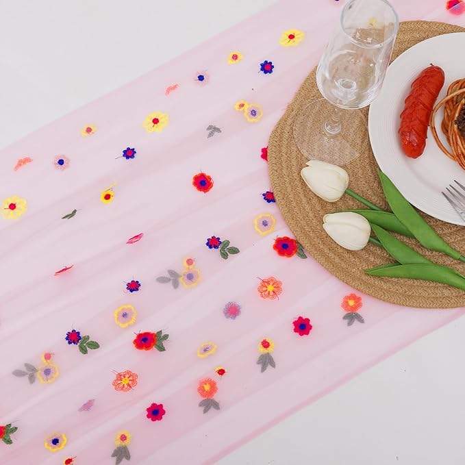 BINBE 6pcs Pink Daisy Fall Table Runner Embroidery Gauze 10FT Florals Seasonal - Image 2