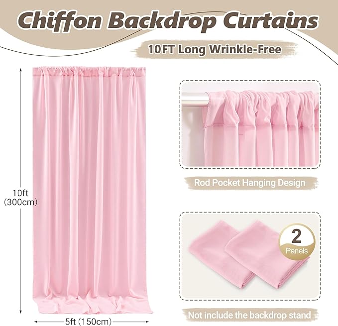 10ft x 10ft Peach Pink Backdrop Curtains, Wrinkle-Free Sheer Chiffon Fabric - Image 3
