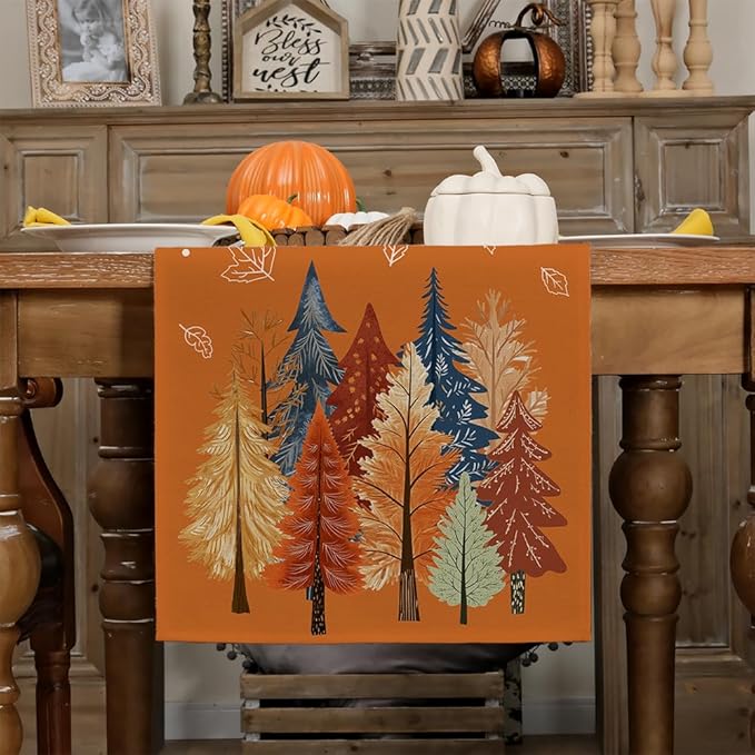 GEEORY Fall Watercolor Trees & Maple Leaves Table Runner 13x108 Inch, Rustic - Image 3
