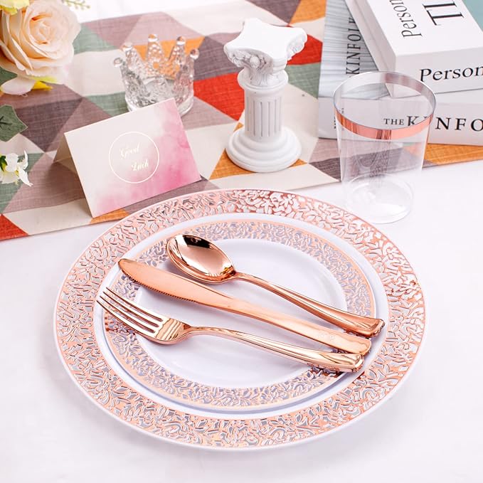 WELLIFE 175 Pieces Rose Gold Plastic Dinnerware, Rose Gold Dinnerware Set - Image 4