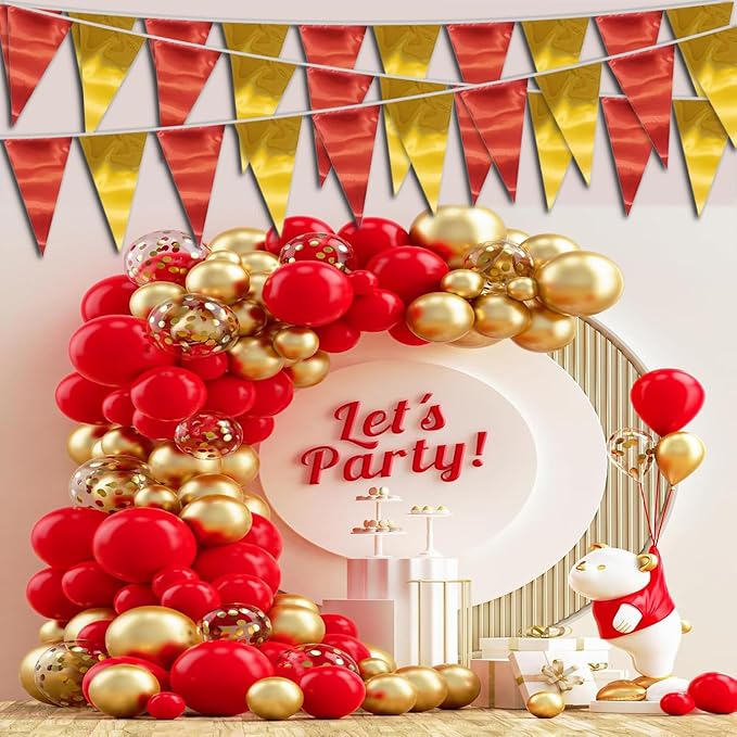 20M/65FT Red Gold Triangle Pennant Banner Flag Metallic Fabric Bunting Garland - Image 4