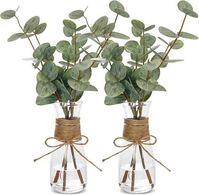 2 Pack Artificial Eucalyptus Stems in Glass Vase Decorative Greenery Artificial by Unknown