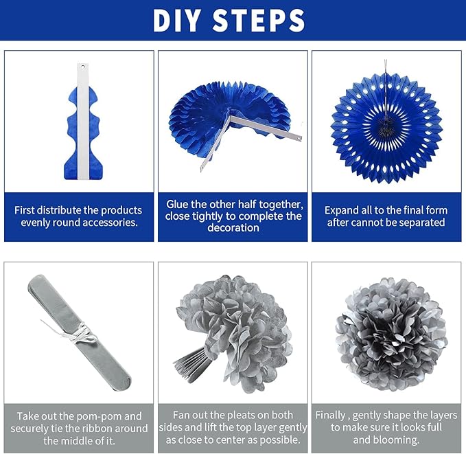 Blue and Sliver Party Decorations, Pom Poms Flowers Packs - Image 4