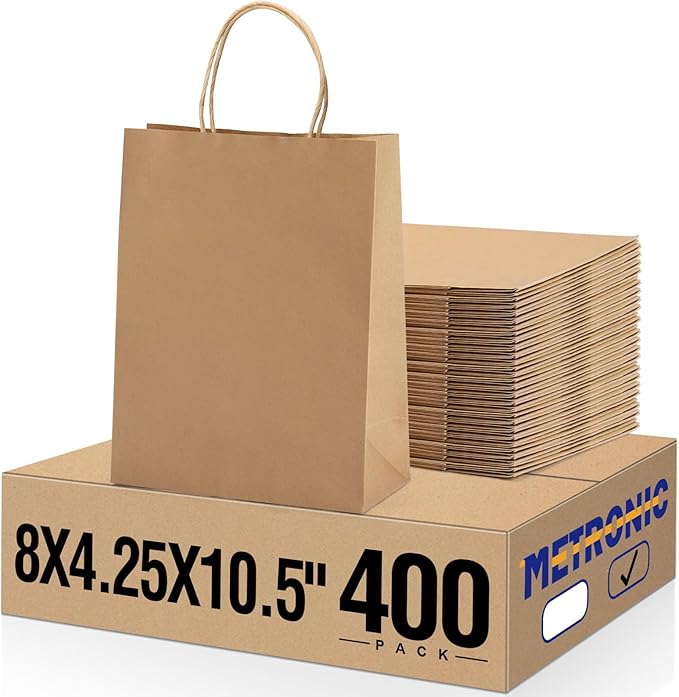 METRONIC Paper Gift Bags 8x4.25x10.5 400Pcs Brown Paper Bags by METRONIC