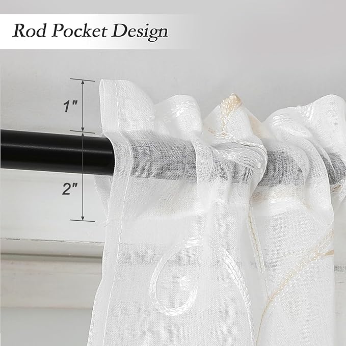 VISIONTEX Sheer Voile Curtain Valances, Decorative Leaves Embroidered, Rod - Image 3