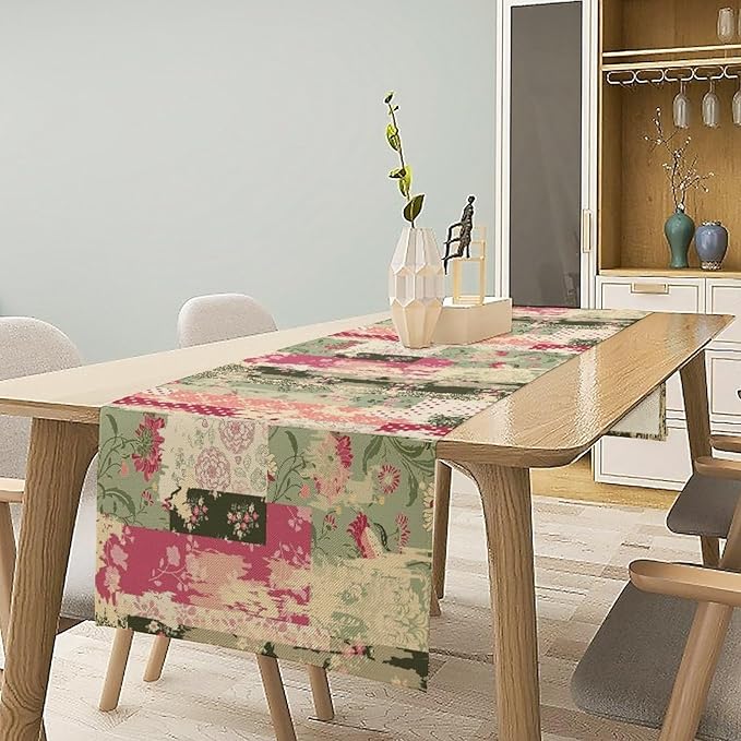 Patchwork Flower Table Runner, Abstract Colorful Floral Retro Style Hand Drawn - Image 5