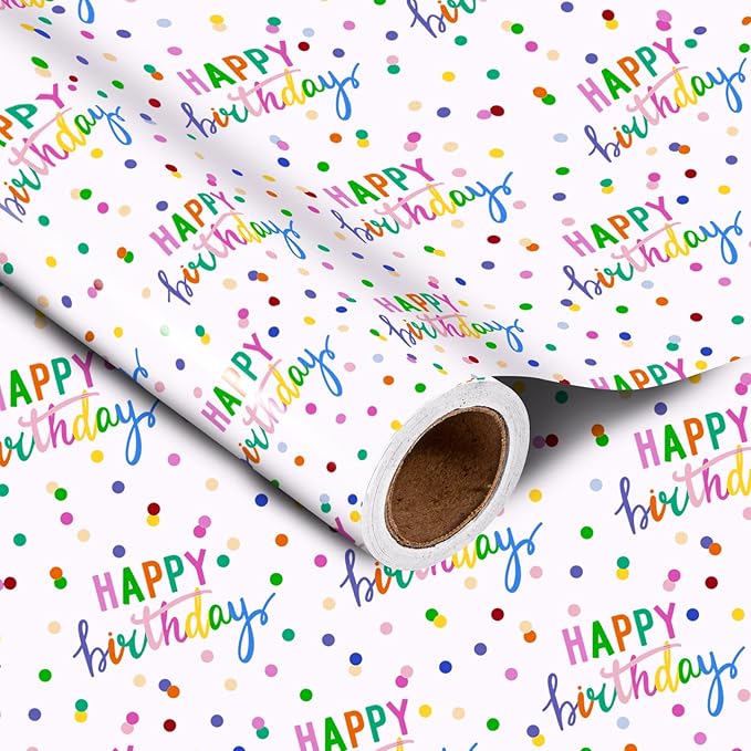LeZakaa Birthday Wrapping Paper Roll, Happy Birthday Lettering & Colored Polka - Image 6