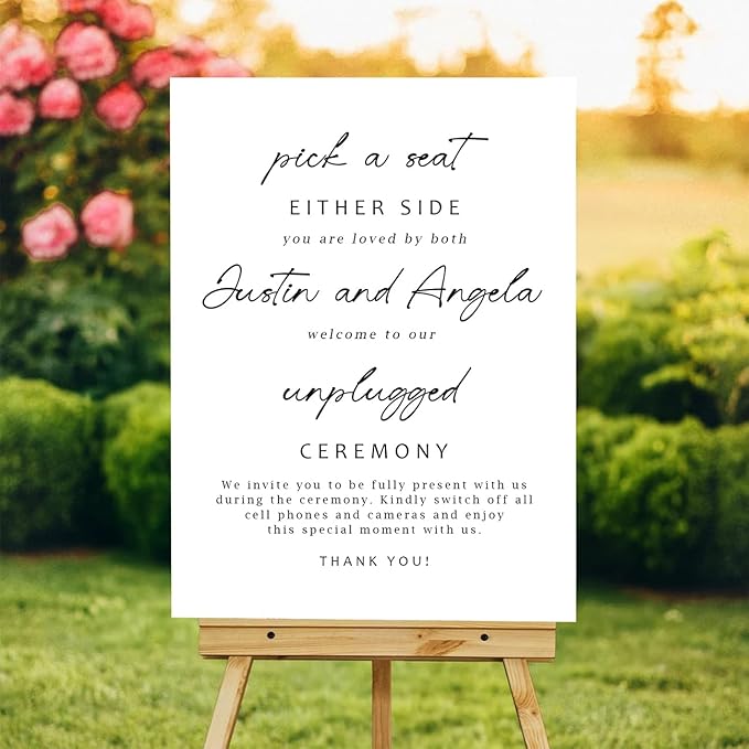 Minimalist Pick a Seat & Unplugged Wedding Sign – Custom Outdoor Yard Sign – by VIRAGIL