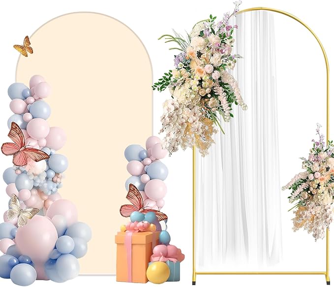Metal Arch Backdrop Stand and Cover Set, 6.6FT Beige Reusable Spandex Fitted by CHUNQIANGCAIDESIGN