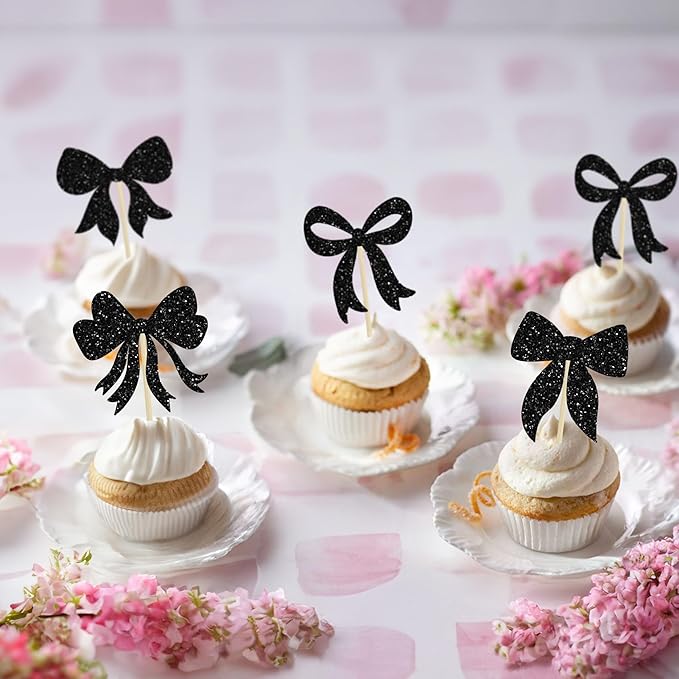 Gyufise 36Pcs Bow Cupcake Toppers Glitter Girls Birthday Decorations Bowknot - Image 6