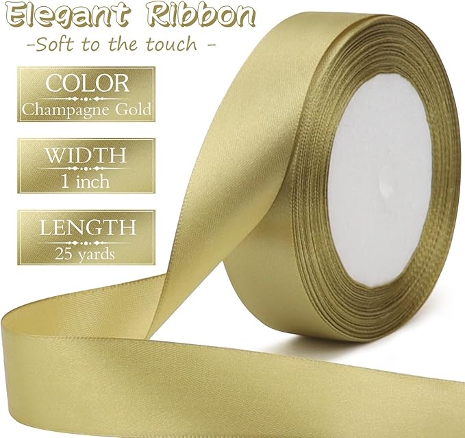 Champagne Gold Solid Satin Ribbon 1 Inch 25 Yards Solid Polyester Fabric Ribbon - Image 2