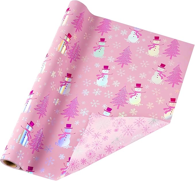 LeZakaa Christmas Pink Wrapping Paper Jumbo Roll, Snowman Christmas Tree & - Image 7