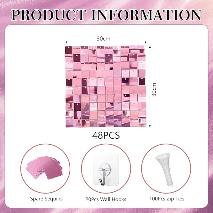 12PCS Light Pink Shimmer Wall Backdrop, Square Sequin Photo Backdrops Panel - Image 2