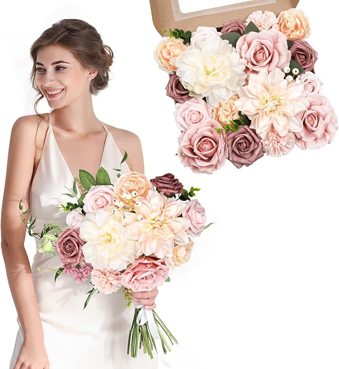 AmyHomie Blush Champagne Artificial Flowers Combo Silk Mix Peony Rose Fake - Image 7