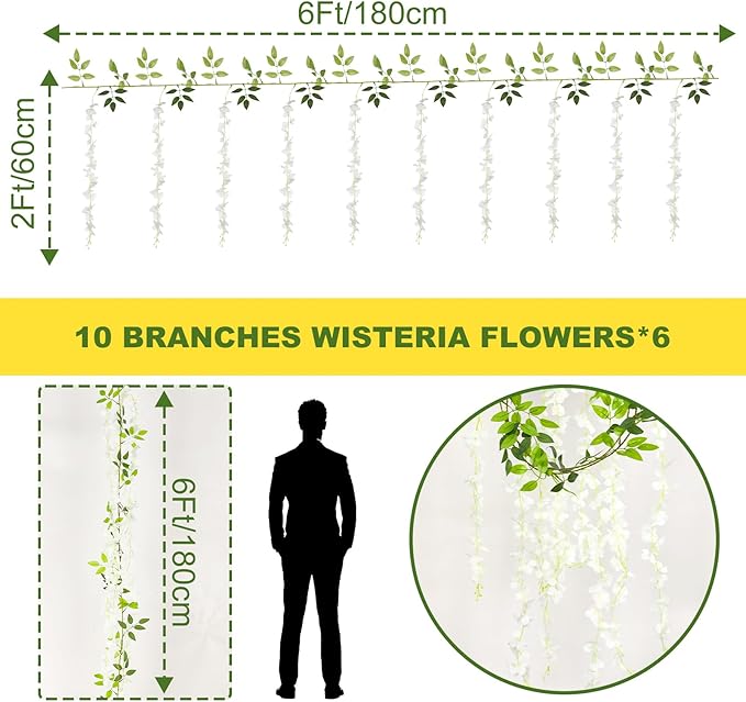 Wisteria Artificial Flowers Garland，6Pcs Total 36ft Silk Fake White Wisteria - Image 3