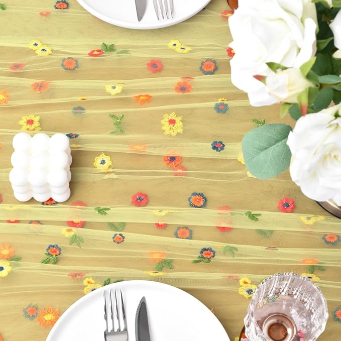 Joanlody Yellow Embroidery Daisy Fall Thanksgiving Table Runner Florals - Image 6