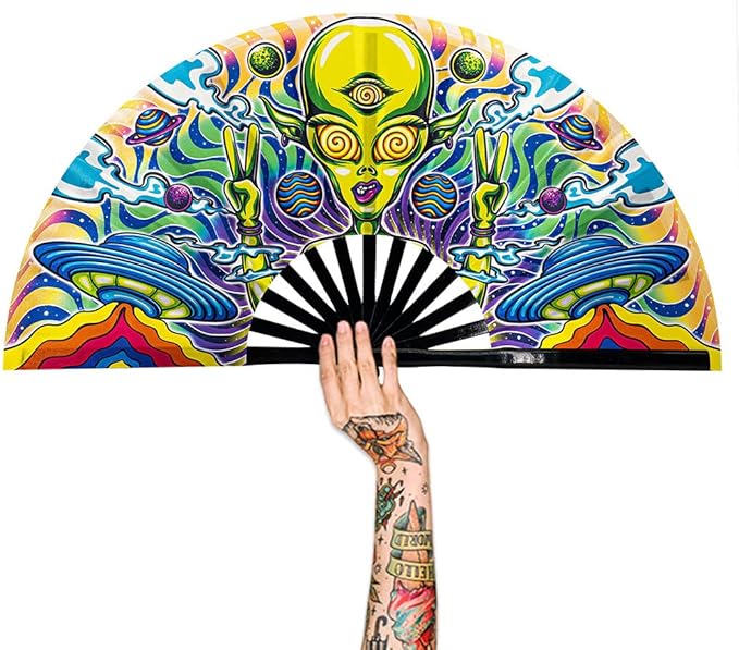 13" Large Rave Fan Bamboo, Folding Clack Hand Fans Foldable by Raveahem