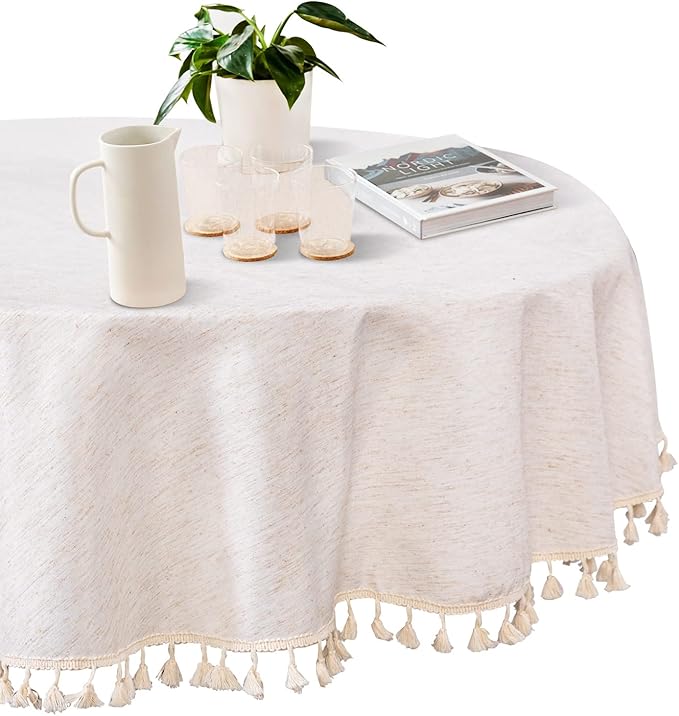 MYSKY HOME Table Cloth 60 in Round Cotton Tablecloth, Heavy Duty Linen Look by MYSKYHOME