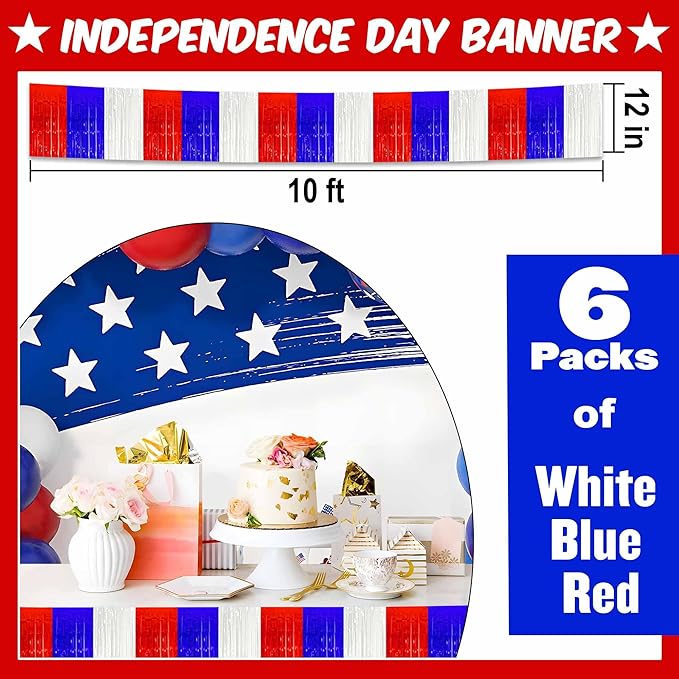 6 Pack 10 Ft White Blue Red Foil Fringe Garland Metallic Streamers Tinsel - Image 2