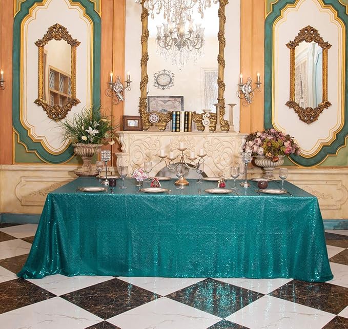 SquarePie Sequin Tablecloth Rectangular 60 x 102 Inch Teal Reflect Lights Bling - Image 4