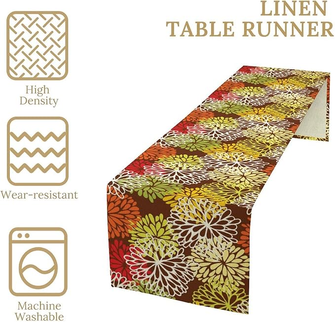 Brown Dahlia Floral Table Runner, Seasonal Autumn Thanksgiving Pattern Print - Image 6